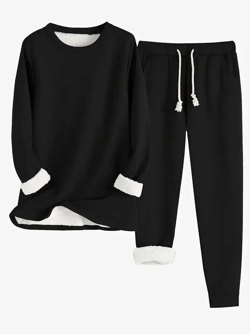 Luxurious Black & White Fleece-Lined Clothing Set for Women - Cozy Long Sleeve Crew Neck Top & Drawstring Joggers, Soft Polyester, Machine Washable - Perfect for Autumn/Winter Comfort, Relaxed Clothing Set|Middle Eastern Style|Polyester Knit Fabric, Ladie