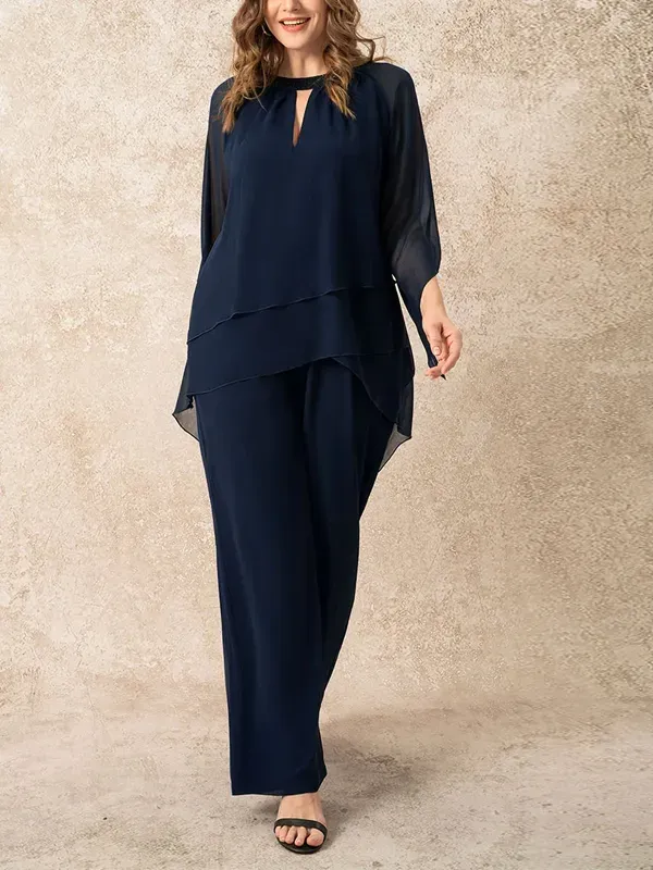 Round Neck Solid Color Top And Trouser Suit