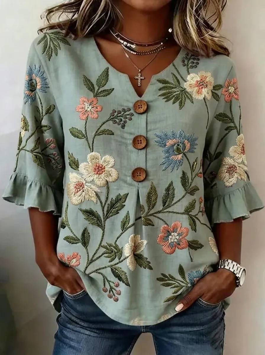 Women's Nashville Floral Embroidery Printed V-Neck Top