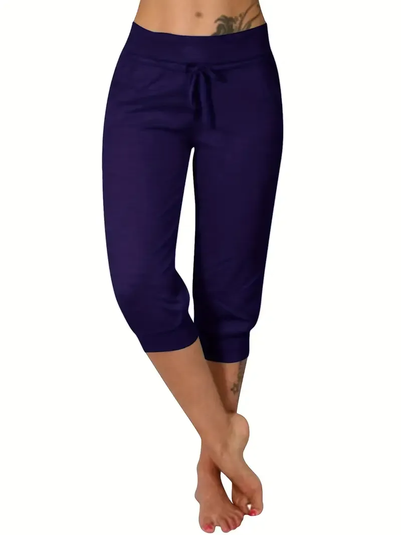 Solid & Casual Elastic Capri Pants - Women's Clothing