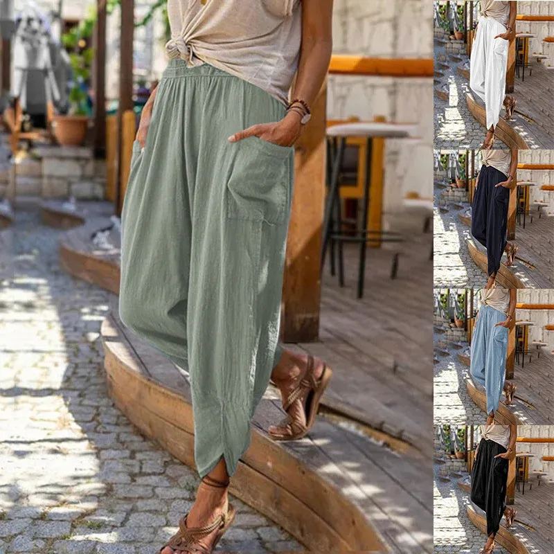 Casual Trousers Loose Pocket Cotton Linen Pencil Pants