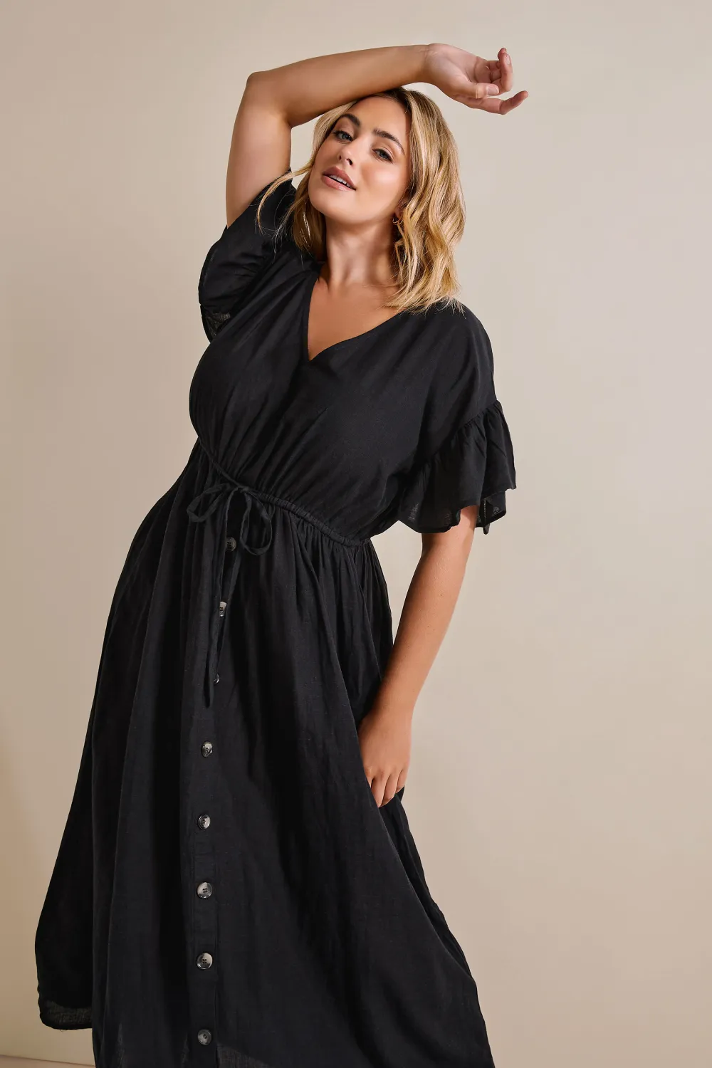 YOURS Curve Black Frill Sleeve Linen Maxi Dress