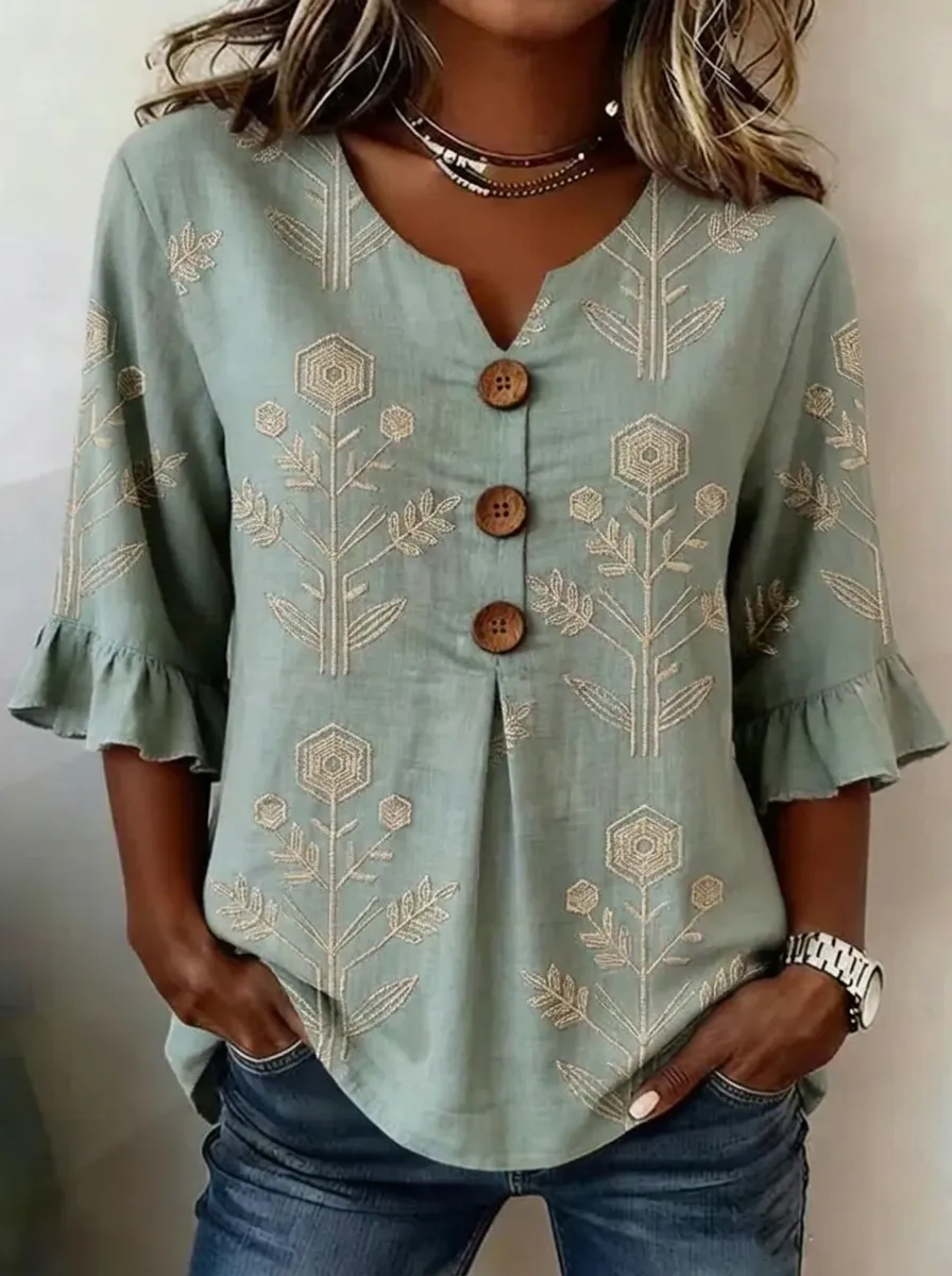 Women's Nashville Floral Geometric Embroidered Buttoned V-Neck Top