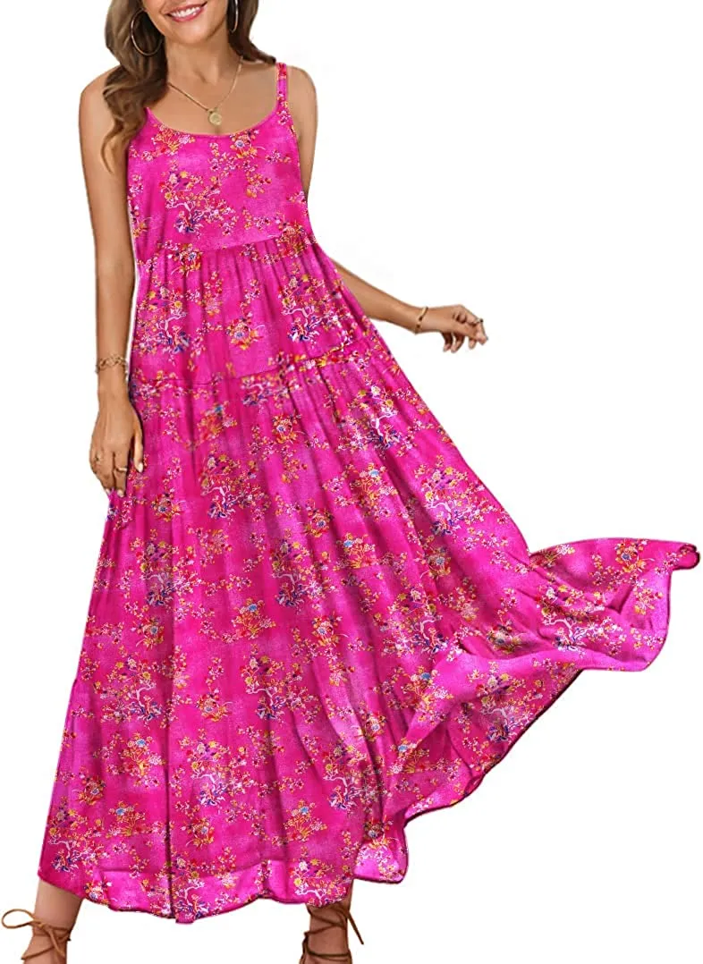 Summer Dresses for Women Casual Loose Bohemian Floral Dress with Pockets Spaghetti Strap Maxi Dress E75
