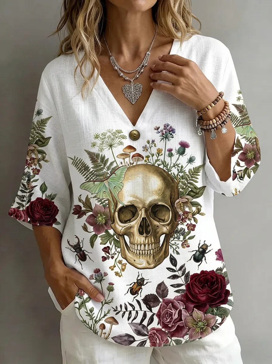 Women's Nashville Skull Floral Moth Printed V-neck Top