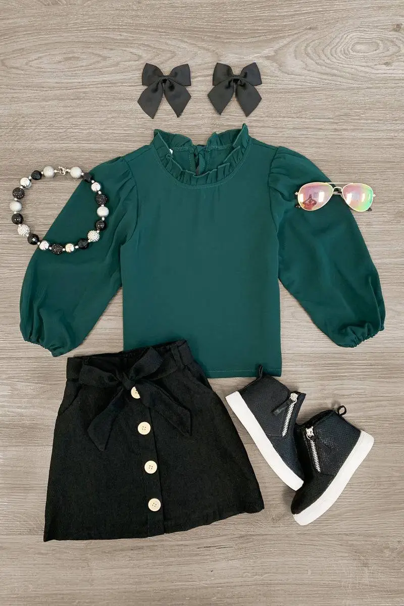 Green Tie Shirt Corduroy Skirt Set