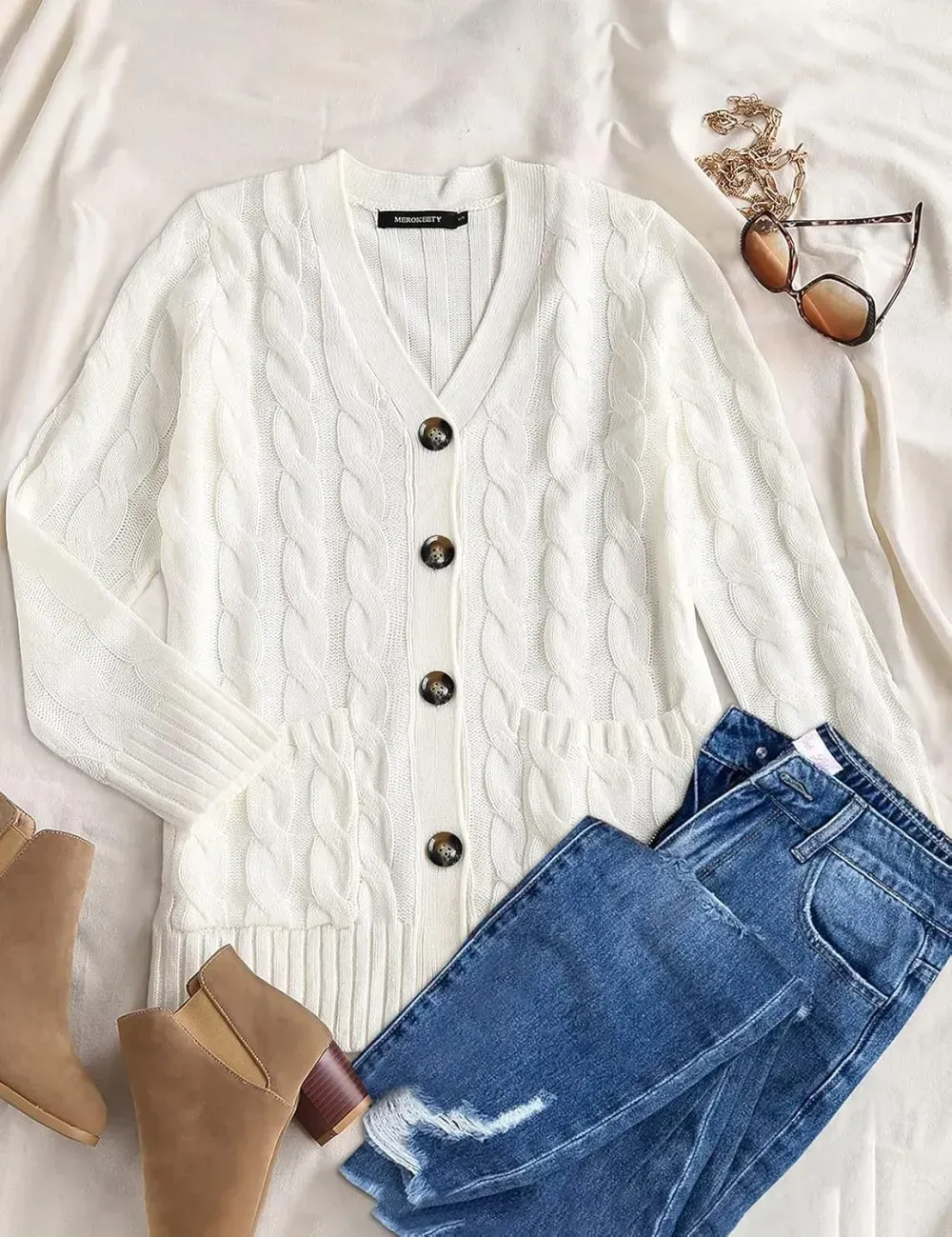 MEROKEETY Women's 2024 Fall Long Sleeve Cable Knit Sweater Open Front Cardigan Button Loose Outerwear