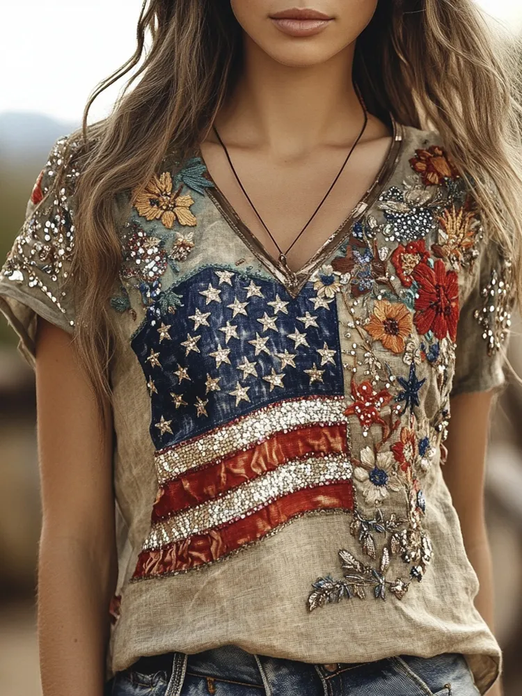 Boho Vintage Sequin Floral Independence Day Women's V-neck T-shirt