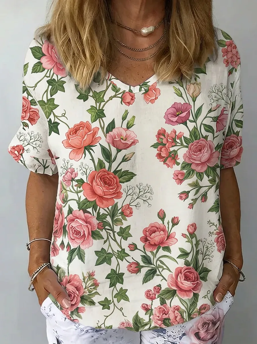 Women's Nashville Floral Rose Vine Printed V-neck Top