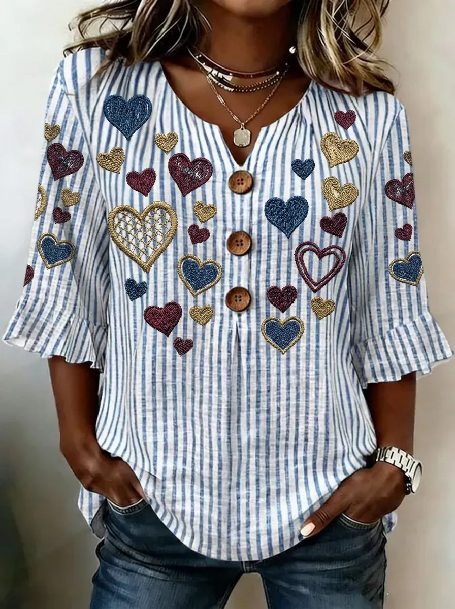 Women's Nashville Heart Lover Striped Pattern Printed V-Neck Top