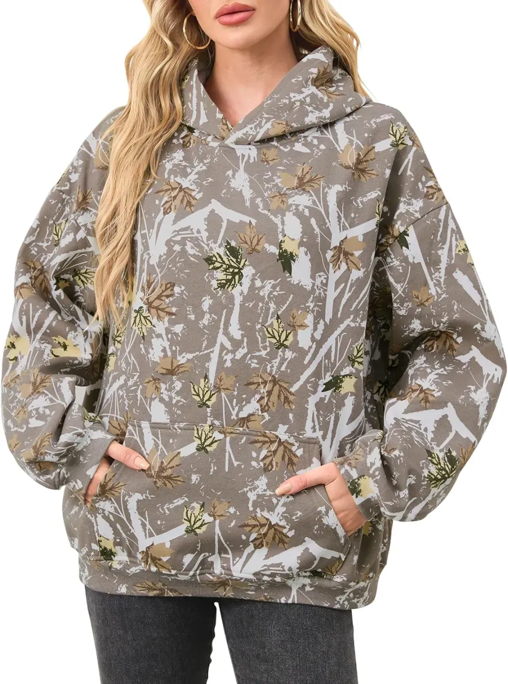 Womens Camo Hoodies Maple Leaf Print Oversized Hooded Sweatshirt Fleece Pullover Sweatshirts Long Sleeve with Pocket