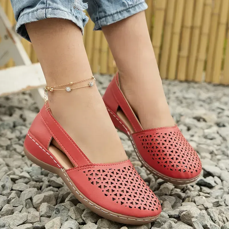 Women's Hollow Out Flat Sandals, Solid Color Cut-out Closed Toe Slip On Shoes, Casual Faux Leather Shoes