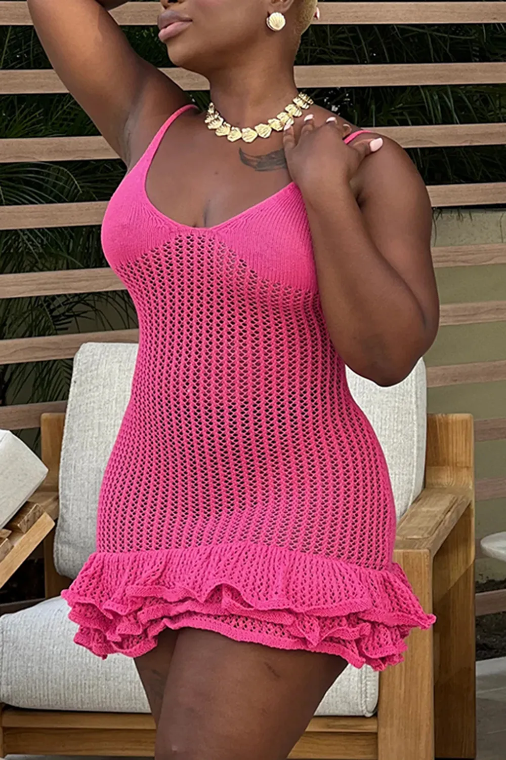 Knitted mini ruffled hem dress