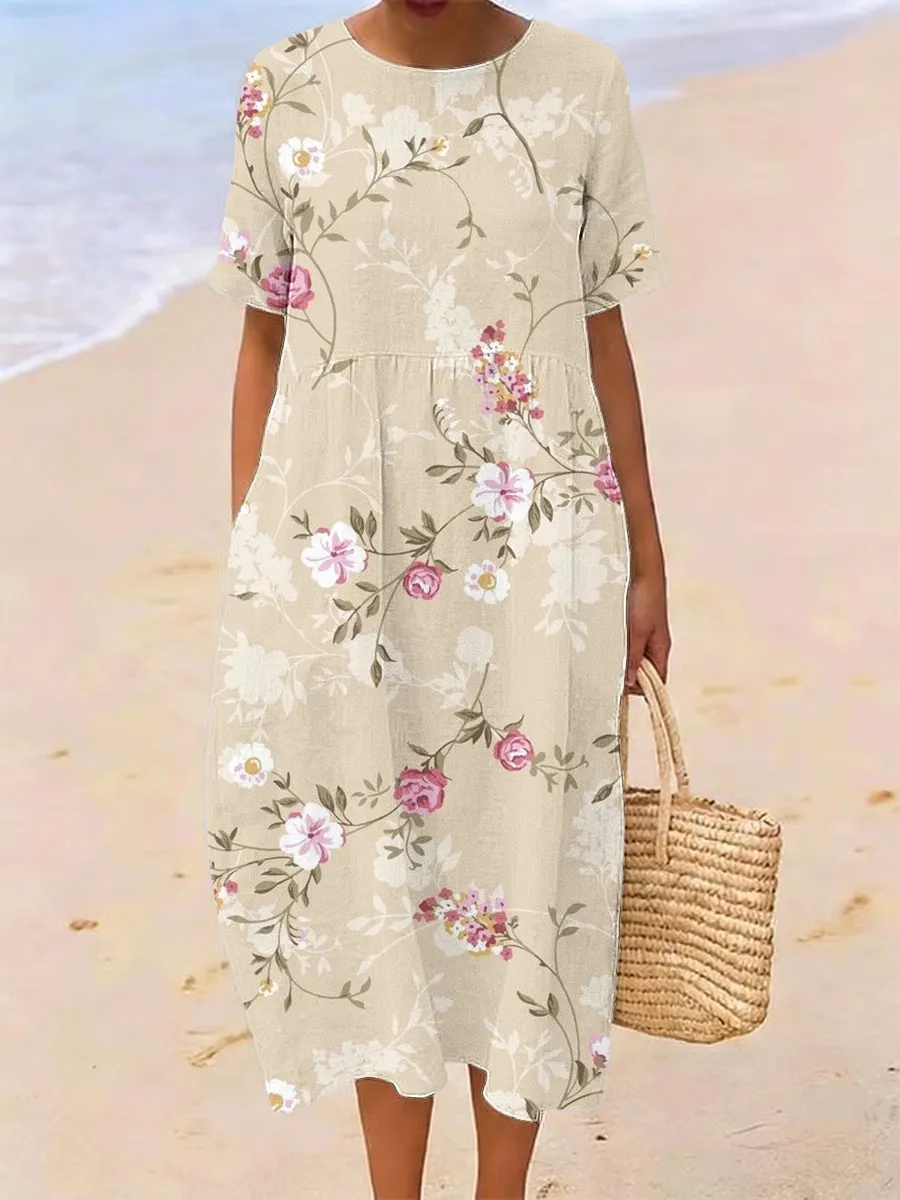 Simple Round Neck Half Sleeved Printed Women's Dress