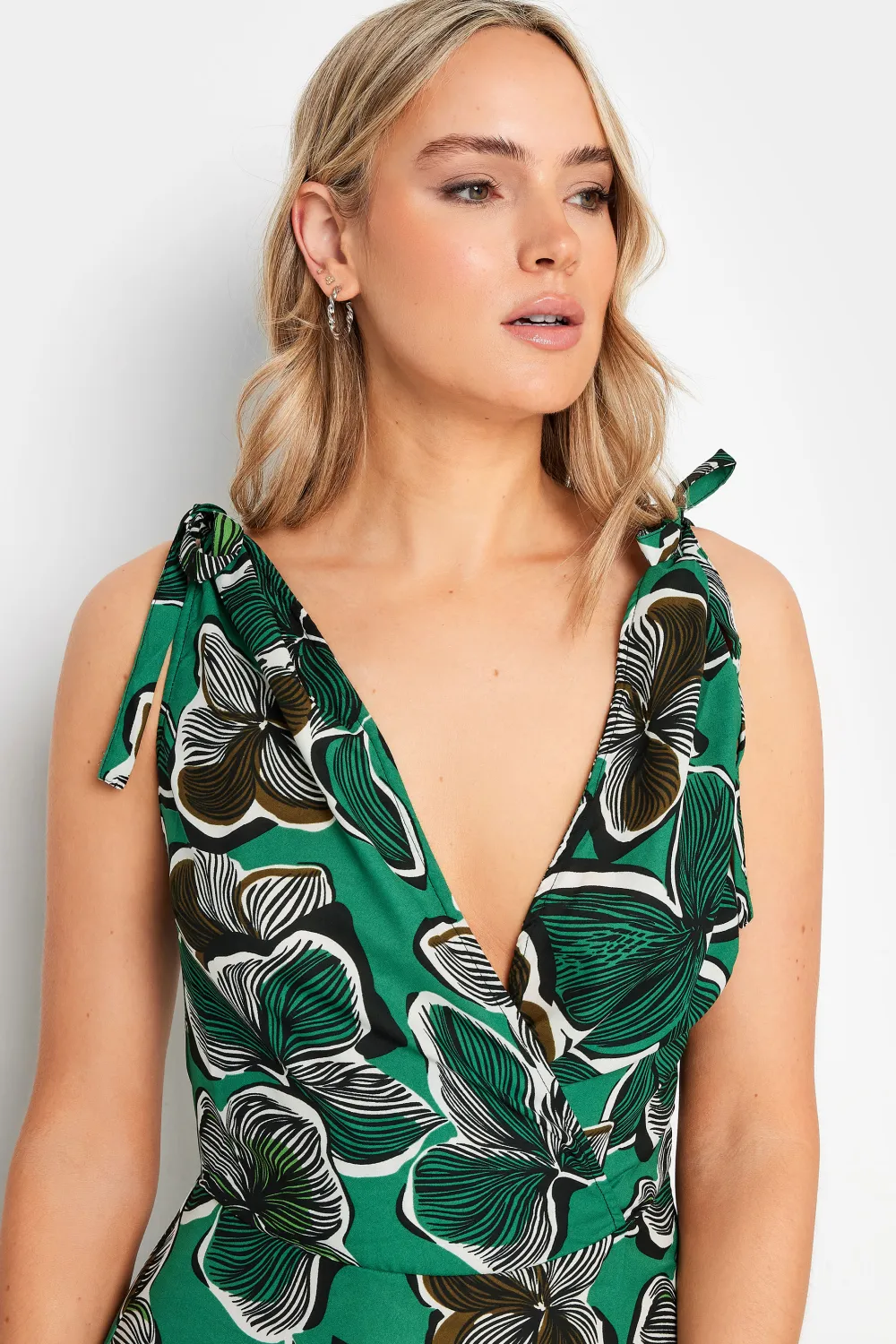 LTS Tall Green Tropical Print Shoulder Tie Maxi Dress