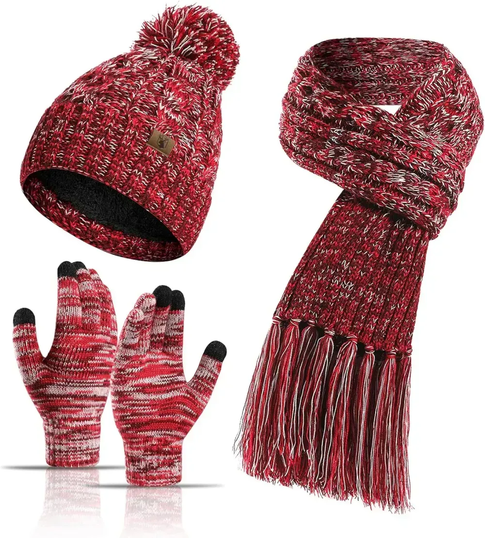 Honnesserry Winter Warm Beanie Hat Scarf and Touchscreen Gloves Set for Womens Skull Caps Neck Scarves with Fleece Lined