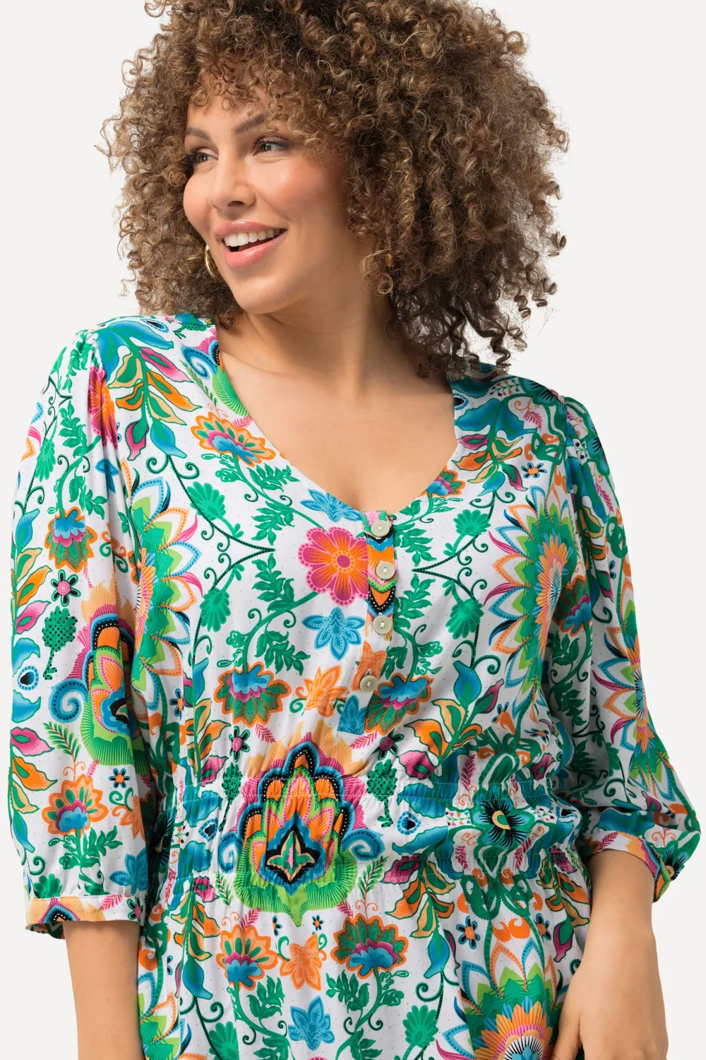 Bluse Blüten A-Linie V-Ausschnitt 3/4-Arm