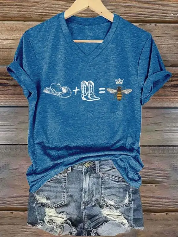 V-neck Retro Cowboy Hat Boots BeyHive Print T-Shirt