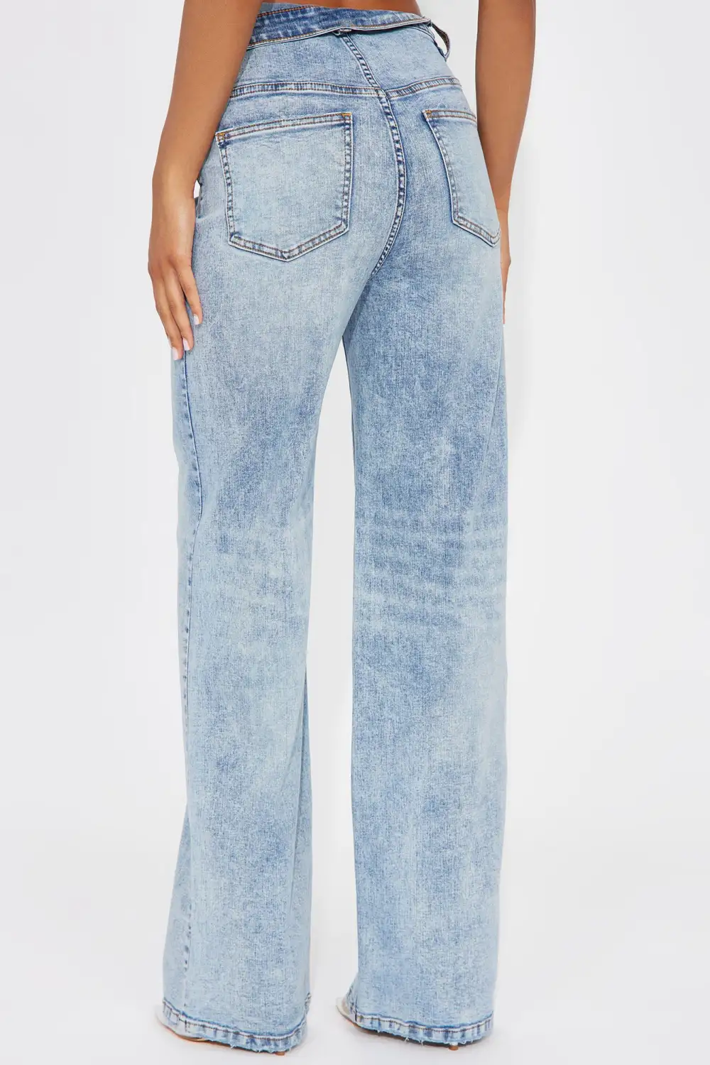 Carri Foldover Waistband Stretch Straight Leg Jeans - Light Wash