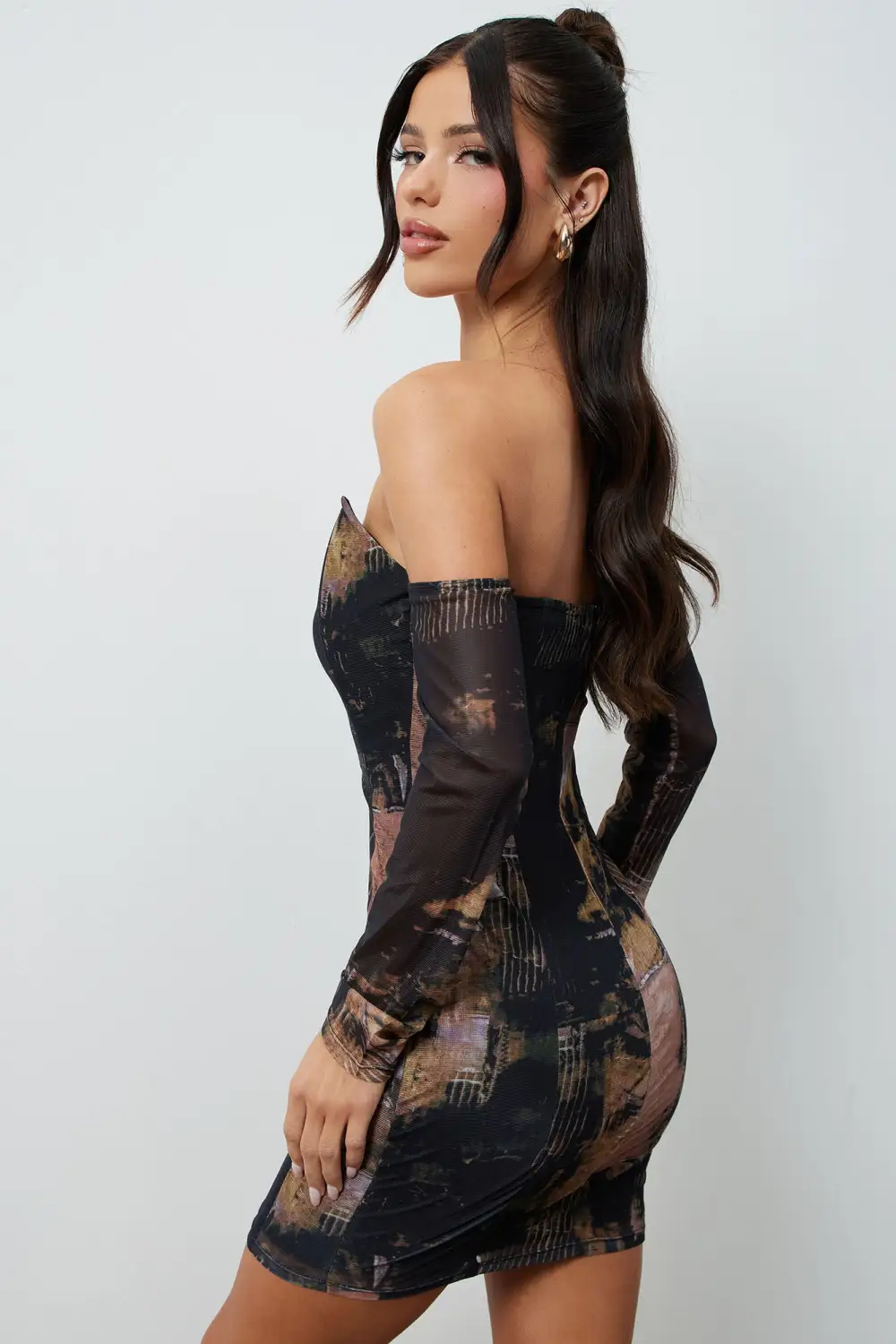 Crystal Mesh Mini Dress - Brown Combo