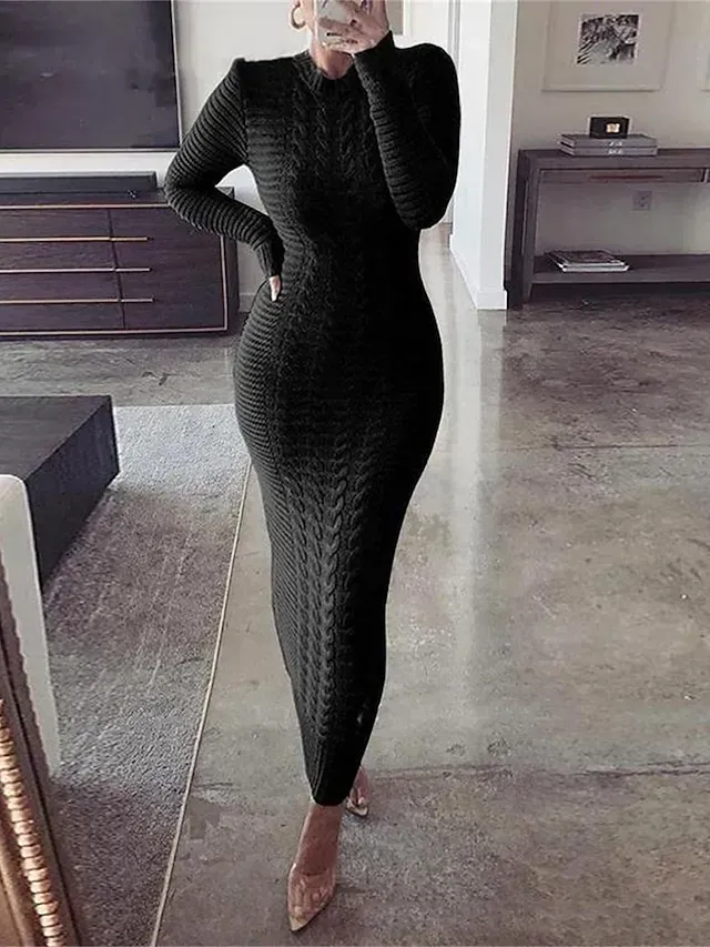 Women's Sweater Dress Crew Neck Ribbed Knit Polyester Knitted Fall Winter Long Outdoor Daily Going out Stylish Casual Soft Long Sleeve Pure Color Black Yellow Wine S M L