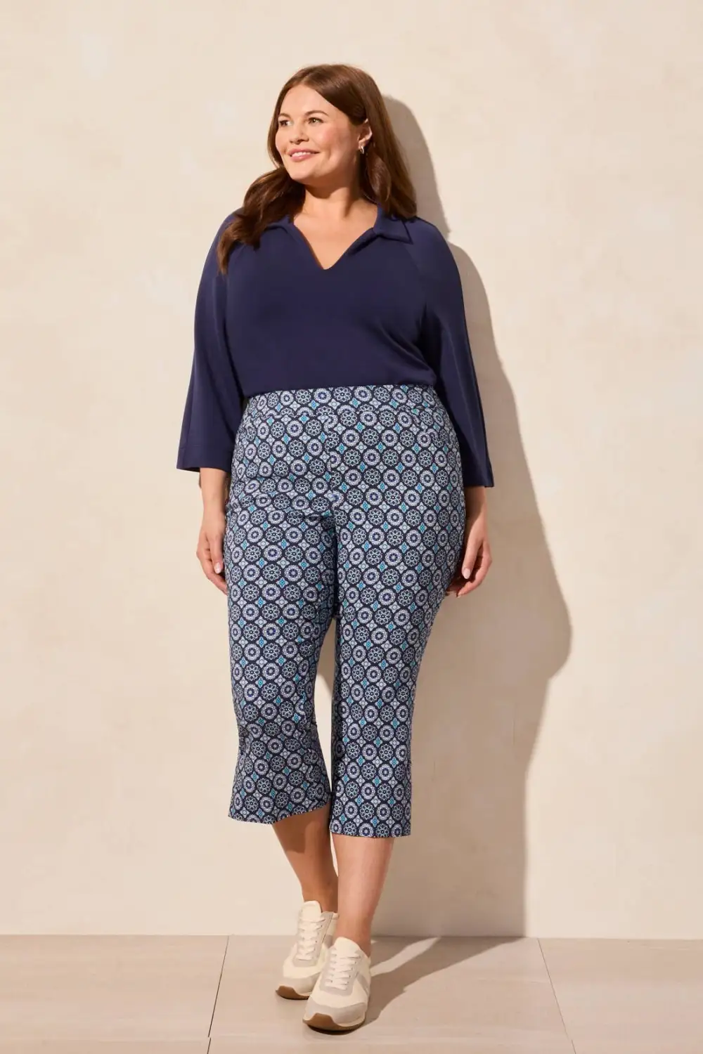 Printed Bengaline Pull-On Capri With Button Vent-Riviera