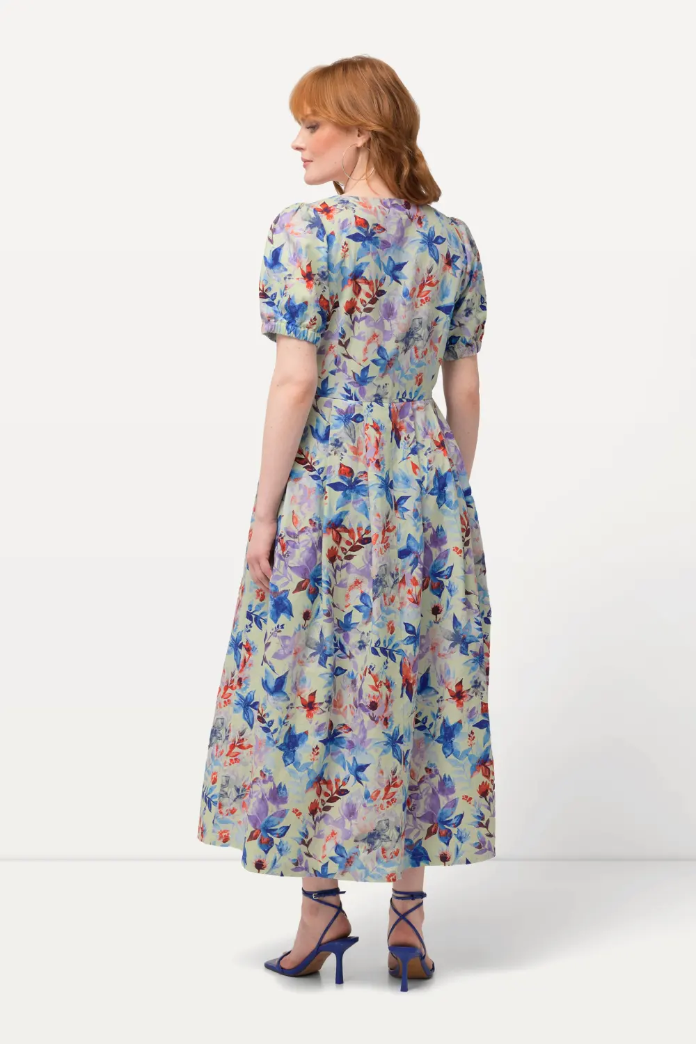 Midikleid Blätter Rundhals Puff-Halbarm Leinenmix