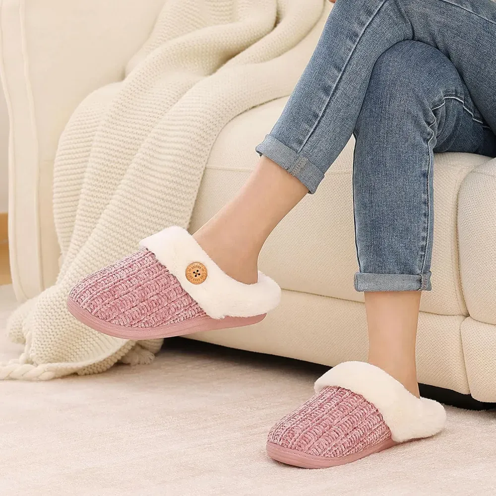 Warm Knit House Slippers for Women Comfy Wool-Like Lined Chenille Slippers with Memory Foam and Indoor Outdoor Soles