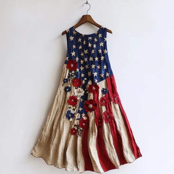 Vintage Flag Inspired Flower Embroidered Linen Tank Dress