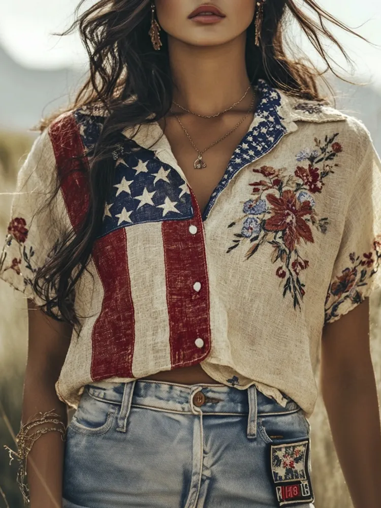 Independence Day Flag Vintage Floral Print Women's Linen Short Sleeve Shirt