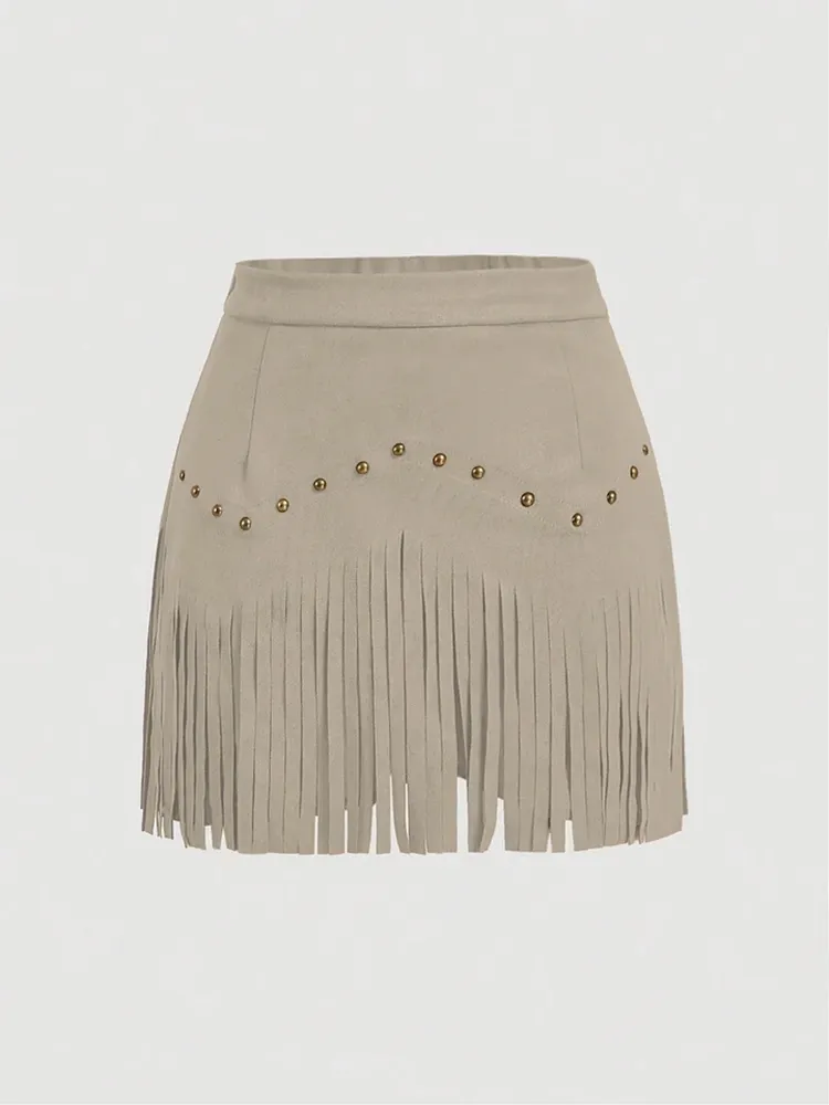 Women'S Vintage Hippie Rivet Fringe Brown Suede A-Line Skirt