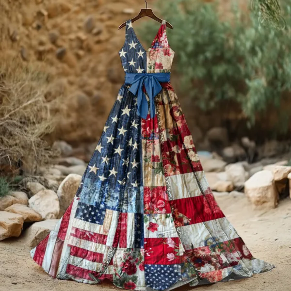 Women's Vintage Independence Day Flag Print V Neck Midi Dress