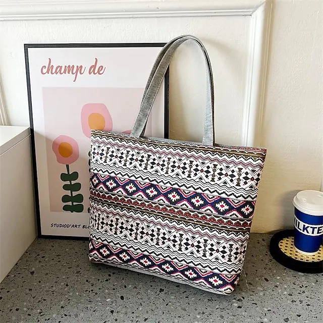 Women's Tote Shoulder Bag Canvas Tote Bag Canvas Shopping Daily Zipper Large Capacity Foldable Lightweight Striped Patchwork Folk Red stripes Red square Black square