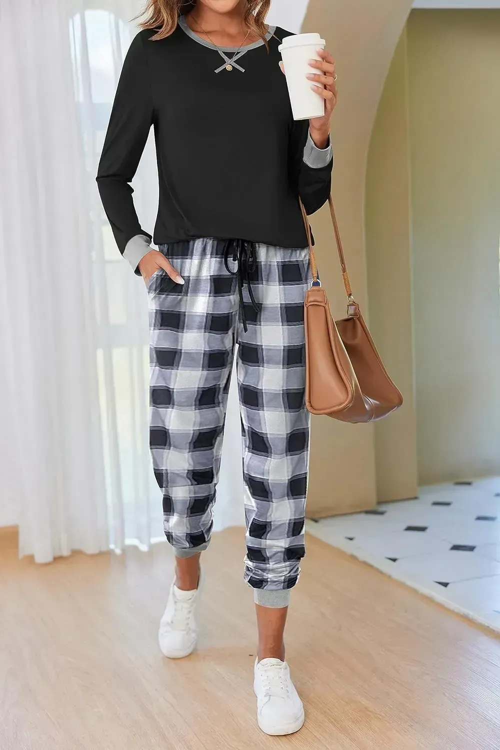 Women's Pajamas Sets Long Sleeve with Plaid Pants Soft Sleepwear O Neck 2 Piece Pjs Joggers Loung Set with Pockets
