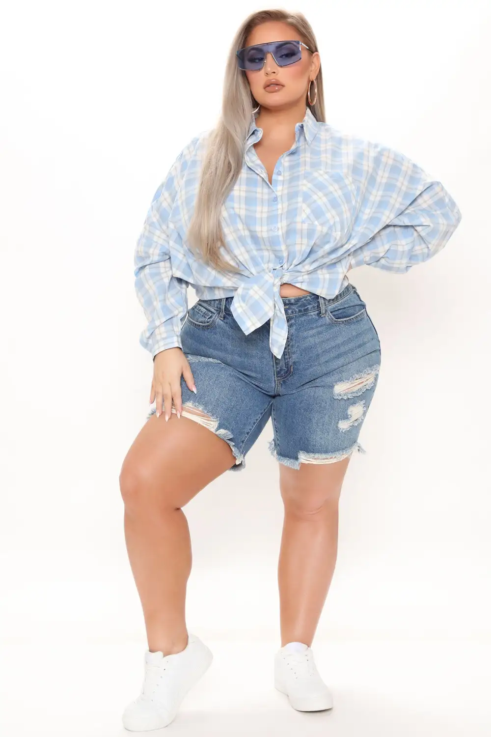 Giddy Up Over Size Plaid Shirt - Blue/combo