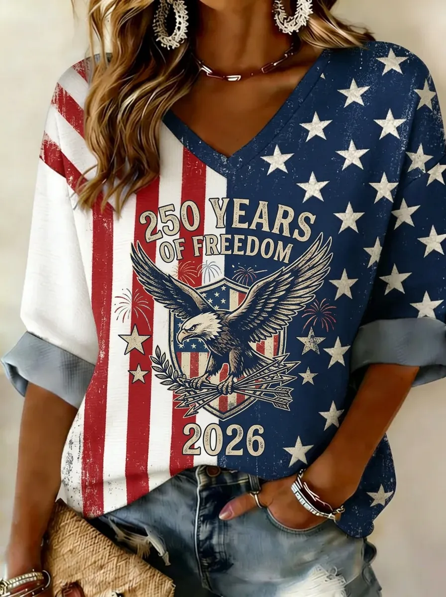 Women's USA Patriotic Eagle 250 Years Freedom 2026 Printed V-neck Top