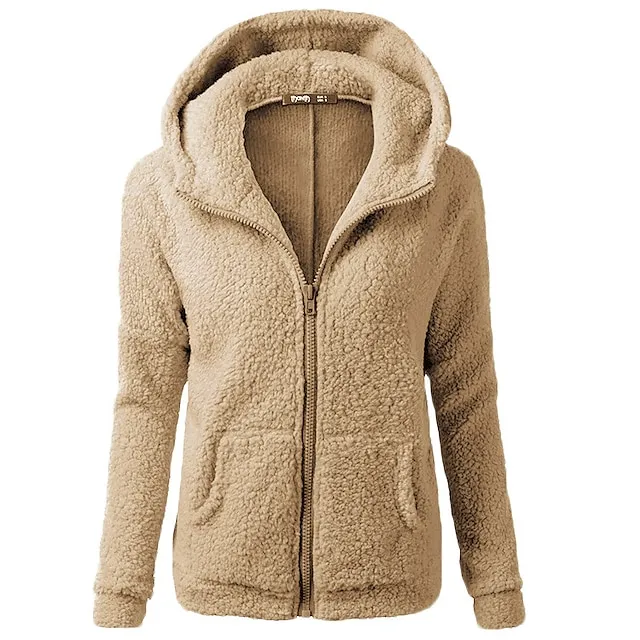 Women's Zip Hoodie Sweatshirt Fleece Pullover Sherpa Fleece Teddy Zip Up Front Pocket Black White Pink Solid Color Street Casual Hoodie Long Sleeve Top Fleece lined Micro-elastic Fall & Winter