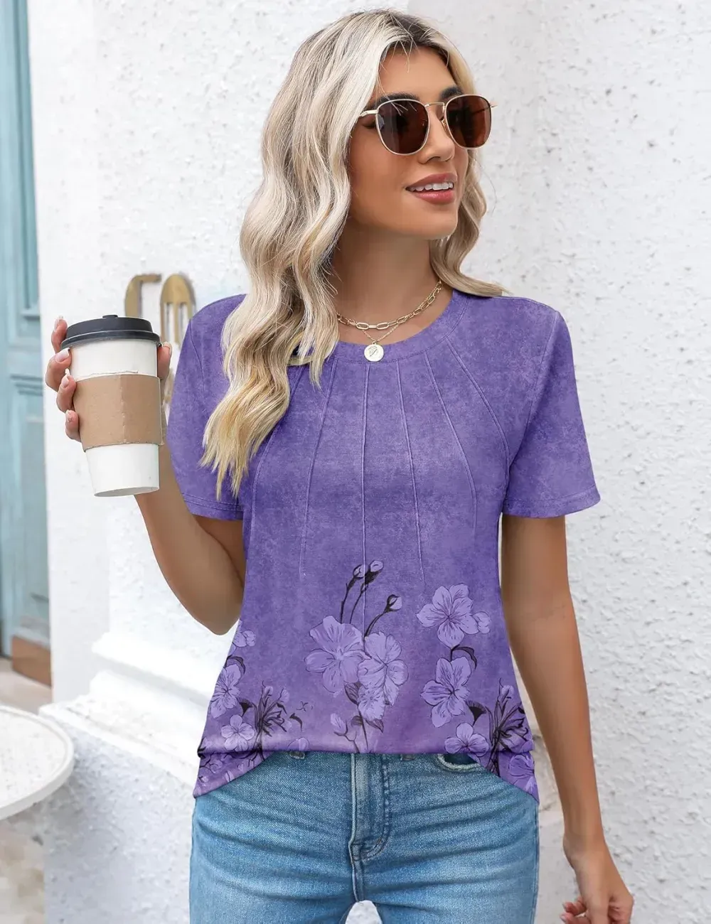 Kistore Womens Casual Crew Neck Short Sleeve Pleated Tops Blouses Fashion Clothes 2024