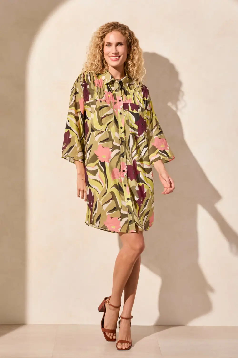 Flowy Pin Tuck Dress With Roll-Up Sleeves-Dunegrass