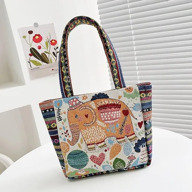 Women's Girls' Tote Polyester Daily Office & Career Cartoon Artwork Floral Print Rabbit Peacock blue striped kitten
