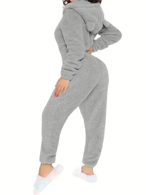 Fuzzy Hooded Pajama Jumpsuit For Music Festival, Comfy & Cute Long Sleeve Zipper Pajamas, Women's Lingerie & Sleepwear
