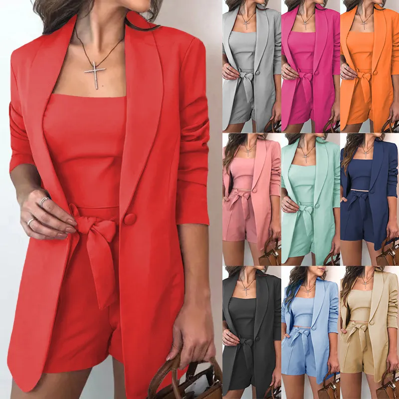 belted long sleeve BLAZER AND short pants SET