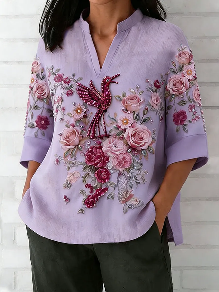 Women's Retro Pink Flower Flying Bird Embroidery Art Linen Blended V-Neck Top