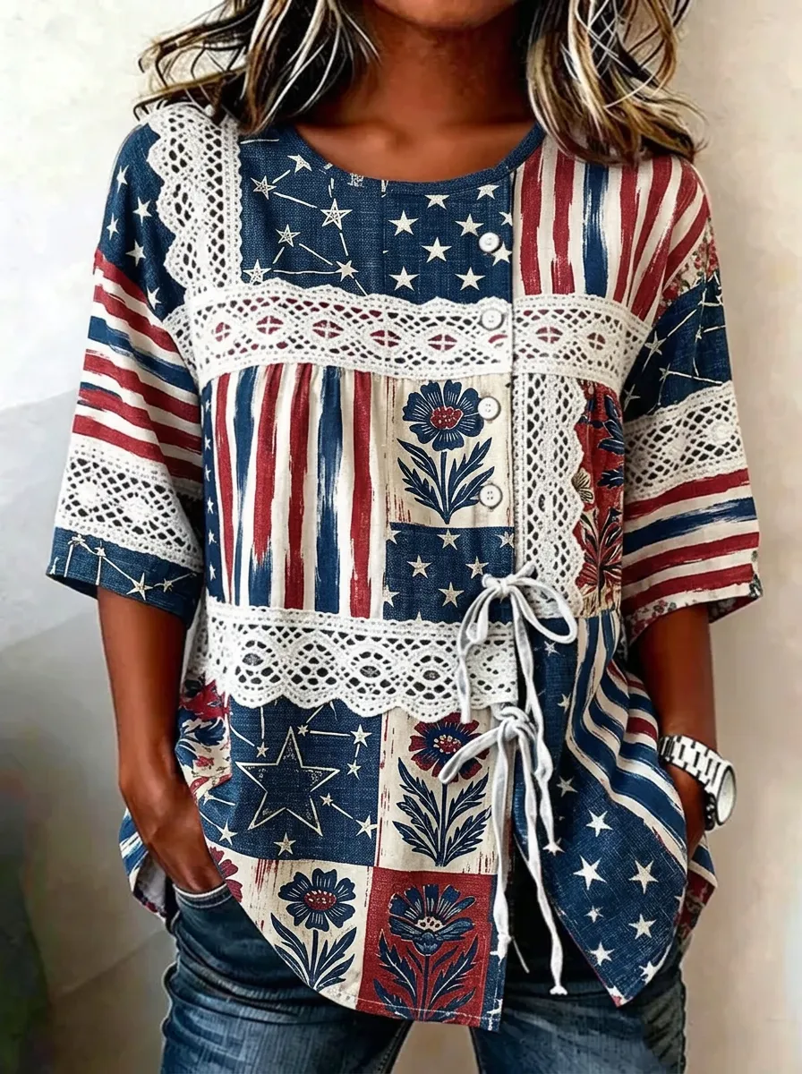 Women's Nashville Patriotic Star Floral Lace Patchwork Printed Top