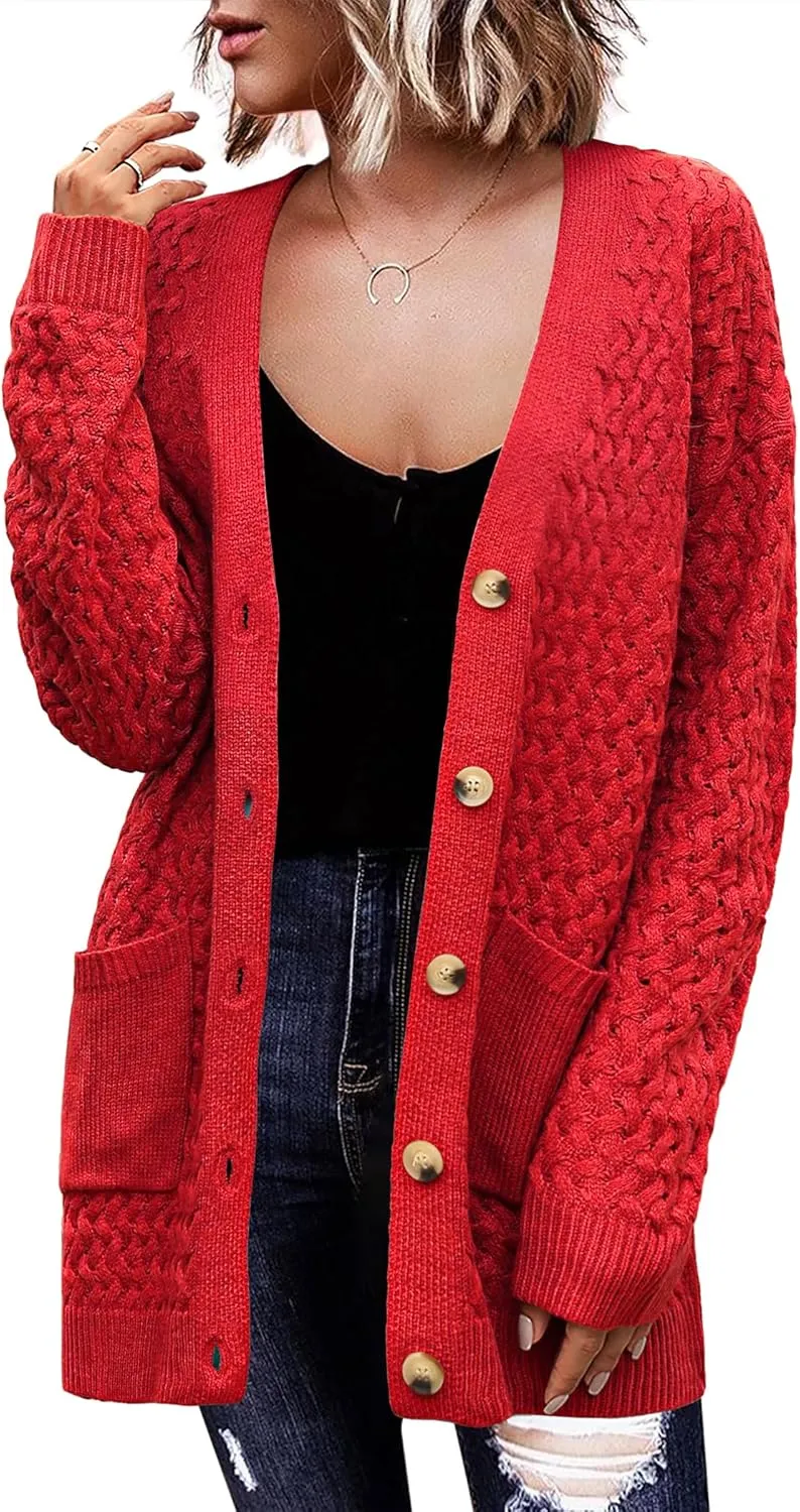 Womens 2024 Long Sleeve Chunky Cable Knit Fall Cardigans Sweaters Button Down Open Front Outerwear with Pockets