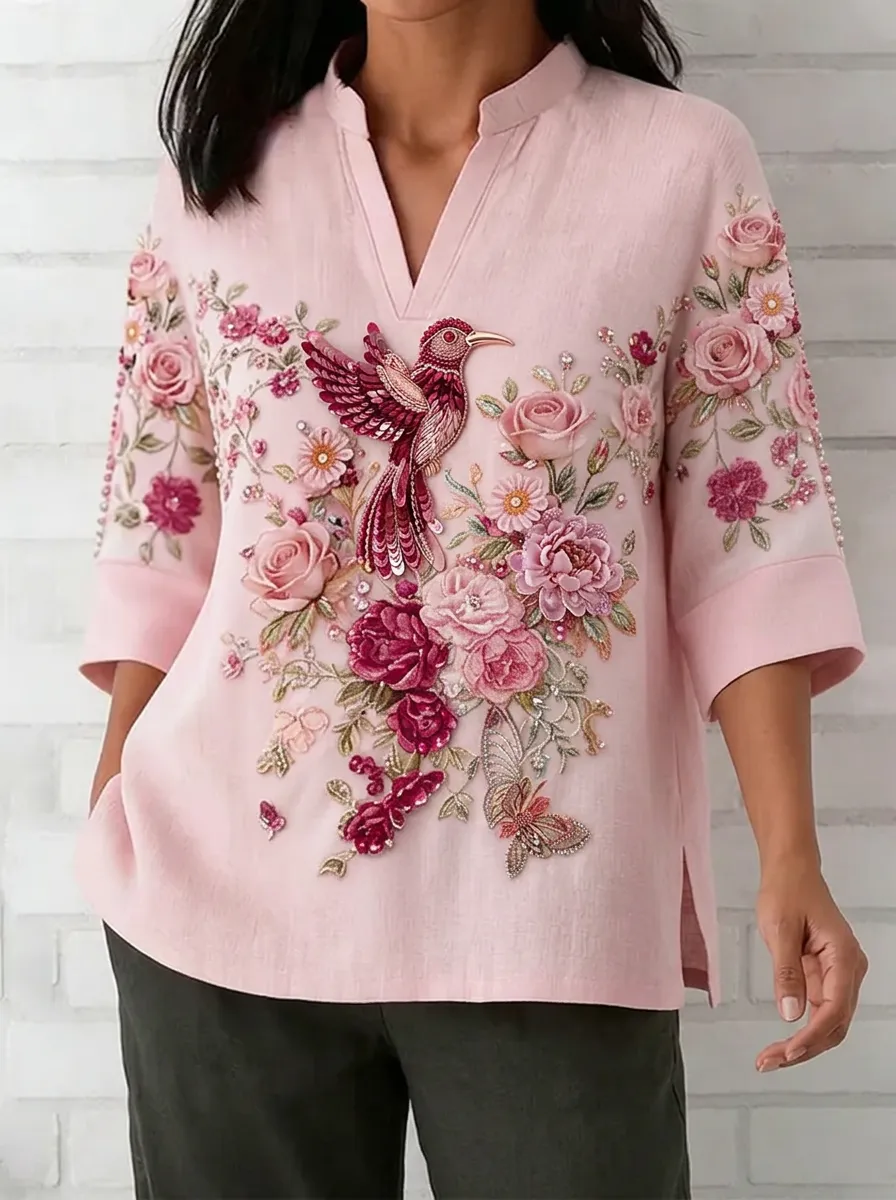 Women's Nashville Floral Hummingbird Embroidered V-Neck Top