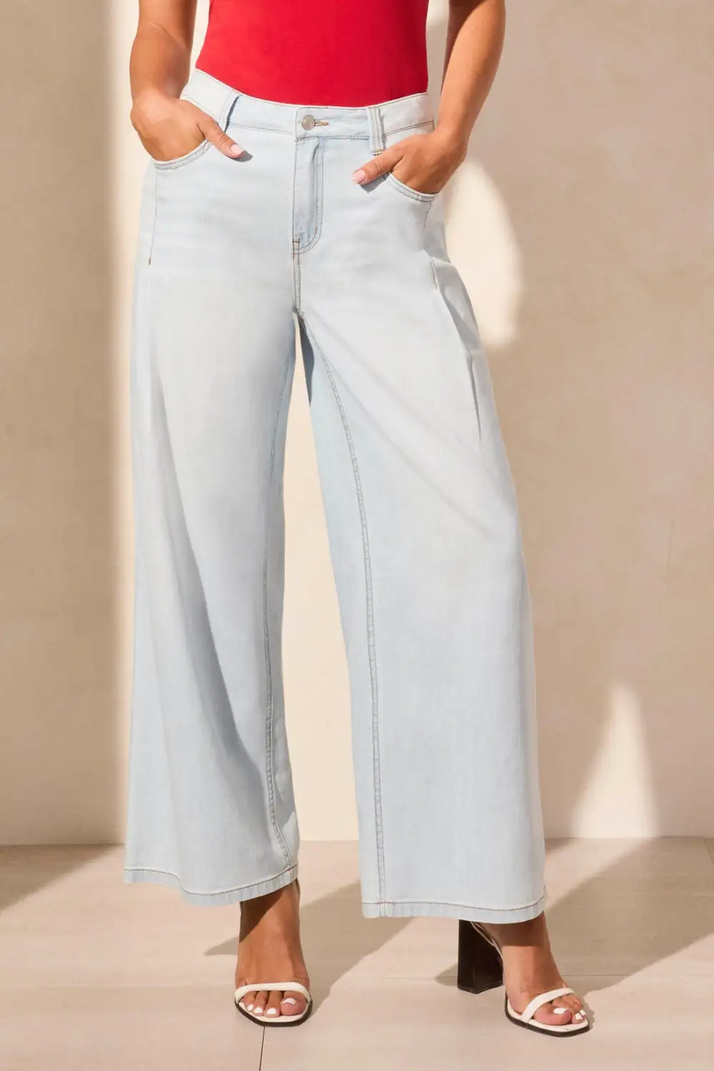 Audrey Light Denim Pleated Wide Leg Jeans-Bluewhite