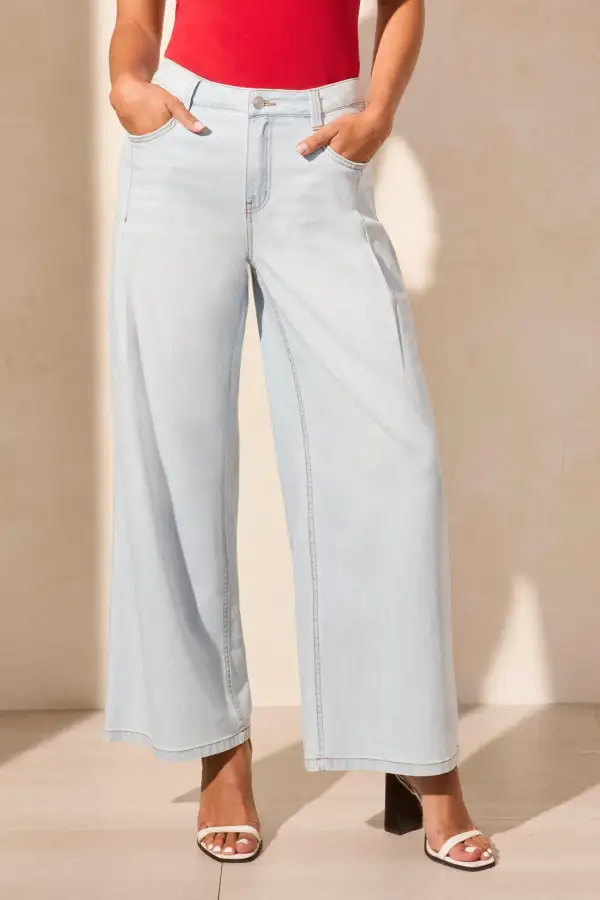 Audrey Light Denim Pleated Wide Leg Jeans-Bluewhite