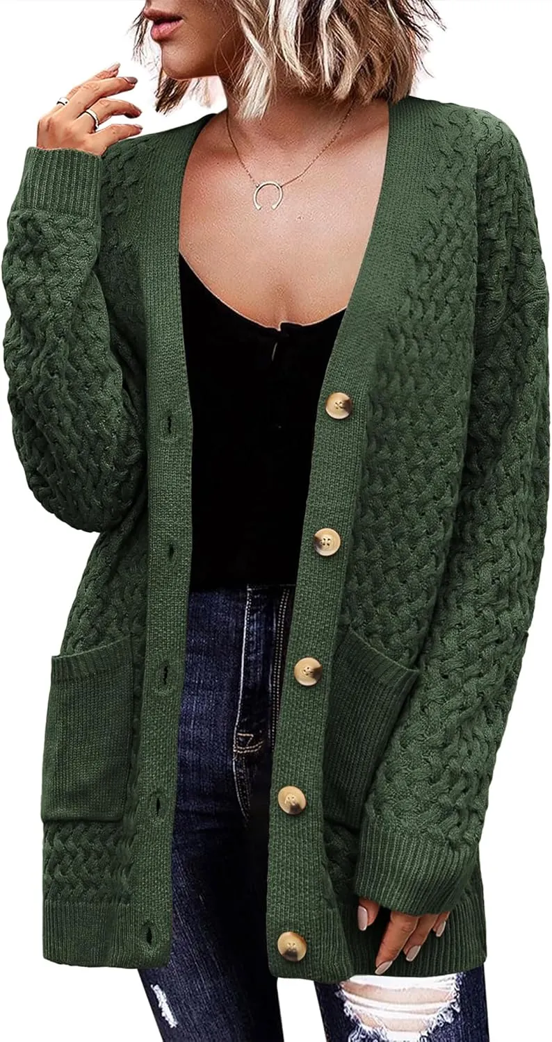 Womens 2024 Long Sleeve Chunky Cable Knit Fall Cardigans Sweaters Button Down Open Front Outerwear with Pockets