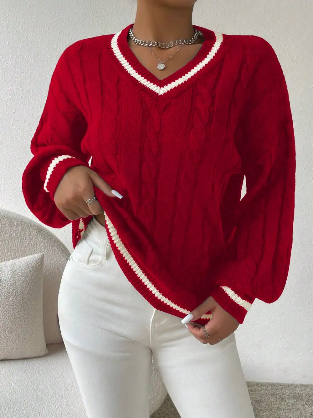 Sweater ribete de rayas tejido de cable de hombros caídos
